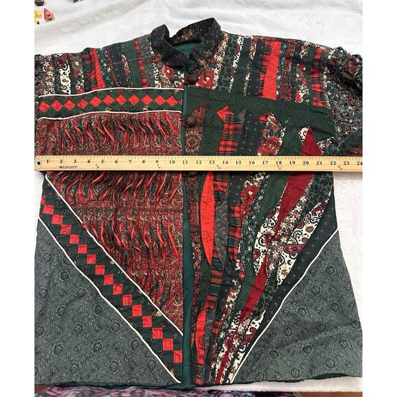Handmade Patchwork Christmas Quilted Jacket Button Front Lined Green Red - Picture 5 of 16